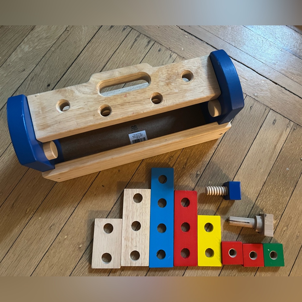 The Land of Nod Colorful Wooden Tool Box Set with Screw and Peg